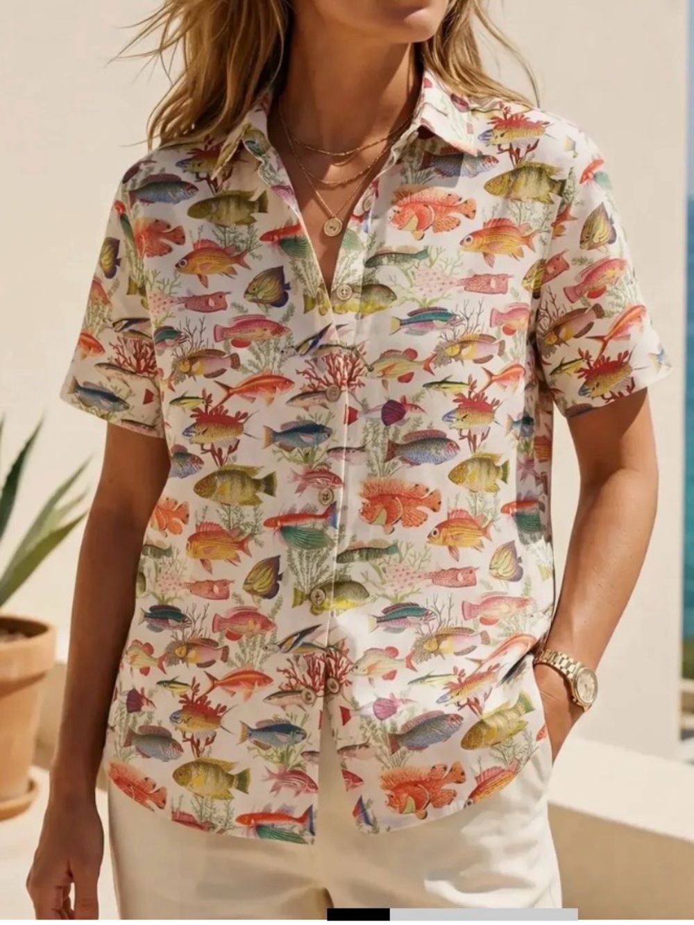Yiume Women's Hawaiian Shirt Sea Ocean Fish Print Cotton Button-Up NWT Large
